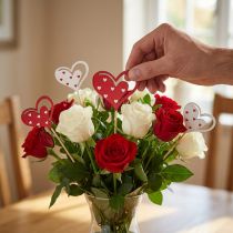 Artikel Decoratieve plug harten rood wit houten decoratie 7,5×6,5cm 12 st