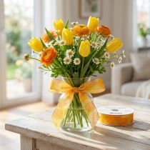Artikel Cadeaulint, organza lint met bloemenprint, geel/oranje, 25 mm x 18 m