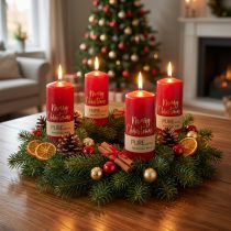 Artikel Rode adventskaarsen "Merry Christmas" van stearine en koolzaadwas voor kerstdecoratie, set van 4, 130/60mm