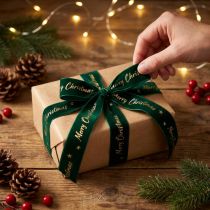 Artikel Cadeaulint, kerstlint, fluwelen lint Groen Merry Christmas 25mm 20m