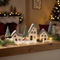 Artikel Kerstdorp houten huisjes sparren groen en wit 5-8 cm set van 6