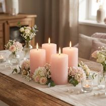 Artikel Romantische effen roze pilaarkaarsen, lichtroze, 70×80mm, set van 4 - Decoratieve kaarsen voor een gezellige sfeer