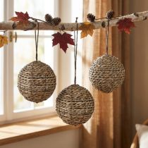 Artikel Decoratieve hangende ballen, stroballen, grijs, Ø15cm, 3 stuks