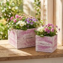 Artikel Plantenlade met handvat roze wit hout 12/15cm set van 2