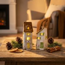 Artikel Rustiek keramisch huisje met heldere ledverlichting, ideaal als sfeervolle tafeldecoratie, 15 cm, 2 stuks