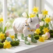 Artikel Decoratief varkentje met rubberlaarzen – Grappig boerderijfiguurtje met bloemenkrans 15,5 cm