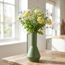 Artikel Decoratieve metalen vaas, groen, met handvat; vintage sierkan, 14 cm hoog, 28,5 cm hoog