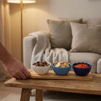 Artikel Tapasset met keramiek kommen op dienblad blauw en wit 40×10cm
