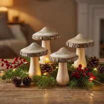 Artikel Houten paddestoelschors en glitter decoratieve paddestoelen hout H8,5cm 4 st