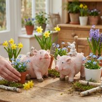 Artikel Decoratieve beeldjesset: biggetjes met dierenvriendjes, 9,3 cm x 7,5/8,5 cm, 2 stuks