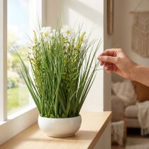 Artikel Decoratief gras met Cosmea bloemen in een schaal H45cm