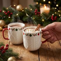 Artikel Kerstbeker van keramiek met gebreid patroon en feestelijk decor 9cm - rood-wit 2st