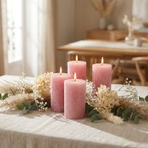 Artikel Set van 4 rustieke pilaarkaarsen, antiekroze, kwaliteitskaarsen, door en door geverfd, 80x110mm, voor stijlvolle decoratie en lange brandduur