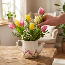 Artikel Keramische kan met bloemenmotief voor een lenteachtig accent in de woonkamer, 20 cm.