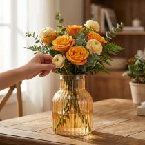 Artikel Glazen bloemenvaas in oranje, retrostijl met groeven, Ø13,5 cm H20 cm