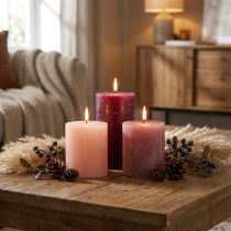 Artikel Set van 12 pilaarkaarsen, effen kleur, bessenkleurstelling, decoratieve kaarsen voor huisdecoratie, 70×80mm