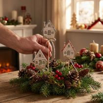 Artikel Sierpluggen Kerstversiering huisjes hout 4,5x5cm 12 st