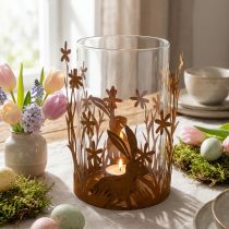 Artikel Lantaarn met konijnen, lentedecoratie, metalen decoratie met bloemen, paaspatina Ø11.5cm H18cm