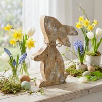 Artikel Houten konijn, lente, zittend paashaasje, paasdecoratie met natuurlijk patroon, witgekalkt, H26cm