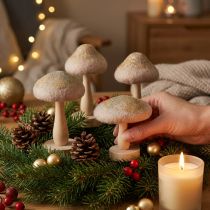 Artikel Decoratieve paddenstoelen van hout en vilt met glitter, adventstafeldecoratie, 11 cm hoog, 4 stuks