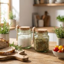 Artikel Decoratief glas met kurken deksel en lepel, groen, Ø7cm, H10cm, 2 stuks