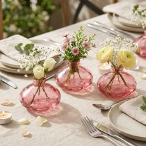 Artikel Mini vaasjes glas bolvormig plat roze getint Ø9cm H6cm 6 stuks