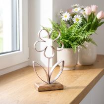 Artikel Metalen Decoratie Bloem op Houten Voet Oud Roze Zilver H29cm