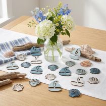 Artikel Strooistukken Houten Decoratie Schelp Boot Blauw Wit 2,5/4cm 72 Stuks