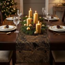 Artikel Organza tafelloper zwart-goud – elegante decoratieve stoffen rol met bladpatroon 48 x 450cm