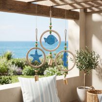 Artikel Hangdecoratie maritieme windgong hout naturel blauw H35cm 3st