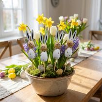 Artikel Houten paashaasjes met bloemen als stokjes, zwart/wit, 34 cm hoog, 4 stuks