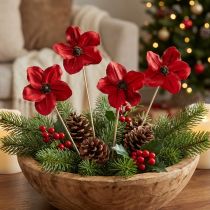 Artikel Bloemenstekers van hout, rood, decoratief, 9-12cm, 45cm, 15 stuks.