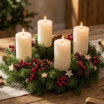 Artikel Set van 4 rustieke pilaarkaarsen, gebroken wit, 70x110 mm, door en door geverfd, zelfdovend - Ideaal voor advents- en feestdecoratie
