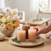 Artikel Set van 12 pilaarkaarsen in bruin, 70x80mm, door en door geverfd - Perfect voor decoratie, wellness en feesten