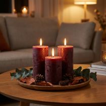 Artikel Set van 4 Bourgondische pilaarkaarsen, effen kleur, 70x120mm - Decoratieve kaarsen voor huiselijke sfeer en wellness