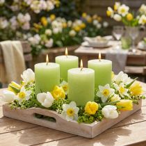 Artikel Limegroene geverfde pilaarkaarsen 70×80mm 4-pack - Sfeervolle decoratie en verlichting