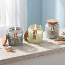 Artikel Geurkaarsen in glas viskaarsen maritiem blauw groen H11cm 3st