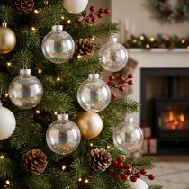 Artikel Glazen kerstbal – parelmoer helder met iriserend effect &amp; metalen hanger 5cm 24st
