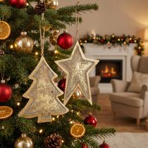 Artikel Metalen hangers spar en ster, kerstboomversieringen, kerstdecoratie gouden, antiek look H15.5 / 17cm 4st