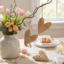 Artikel Harten om op te hangen hennep en raffia decoratie natuurlijk H10,5cm 8 stuks