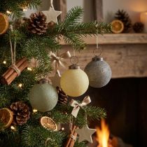 Artikel Kerstballen, glas, geflockt, geel/groen/grijs, Ø6cm, 3 stuks