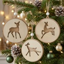 Artikel Hanger met hert, decoratie medaillon, houtdecoratie, Advent Ø9.5cm 6st