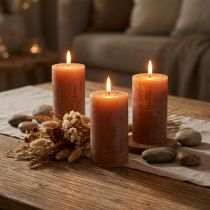 Artikel Effen karamelkleurige pilaarkaarsen 70×120mm, set van 4, decoratieve kaarsen, lange brandduur, woondecoratie, tafeldecoratie