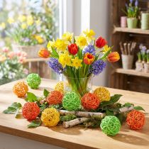 Artikel Rotan ballen tafeldecoratie rotan groen geel oranje assorti Ø5cm 24 st