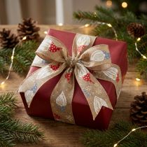 Artikel Decoratief lint met kerstkabouters op jute lint, wintermotief, 60 mm x 10 m