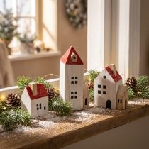 Artikel Decoratieve houten huisjesset, rood en wit, meerdelige winterdecoratie, 13 cm, 6 stuks