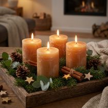 Artikel Effen karamelkleurige pilaarkaarsen 60×80mm, set van 4, elegante kaarsen voor decoratie en gezelligheid