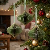 Artikel Vintage kerstversiering, groen en goud papier, Ø8cm, set van 4