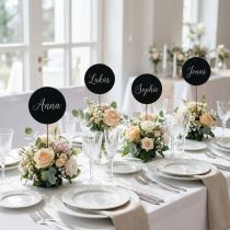 Artikel Mini decoratieve krijtbord bloemenprikkers, hout, rond, zwart, Ø 7,5 cm, 12 stuks, krijtborddecoratie, beletteringsdecoratie, bloemendecoratie
