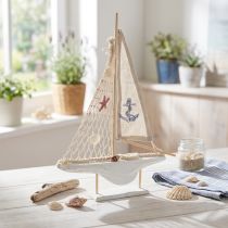 Artikel Zeilboot decoratie hout grenen op voet naturel wit H39cm